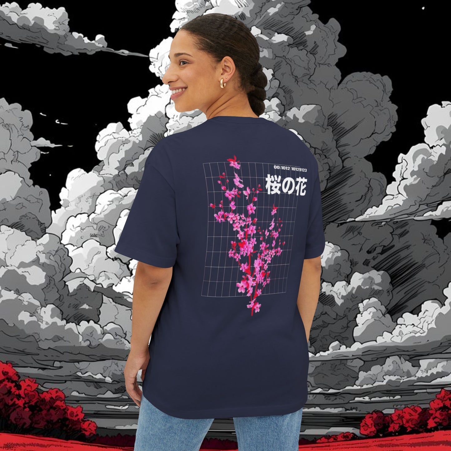 Sakura Grid Tee — Cherry Blossom Graphic Boxy T‑Shirt