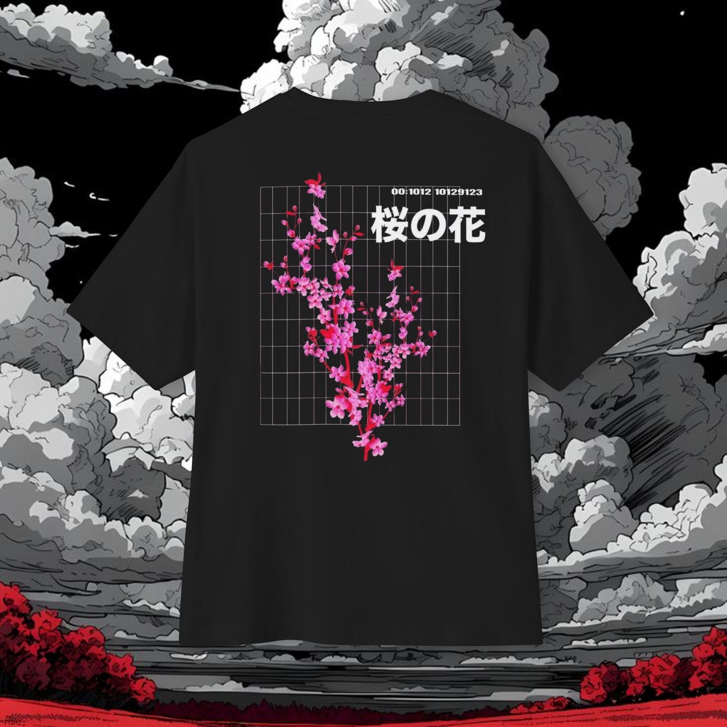 Sakura Grid Tee — Cherry Blossom Graphic Boxy T‑Shirt