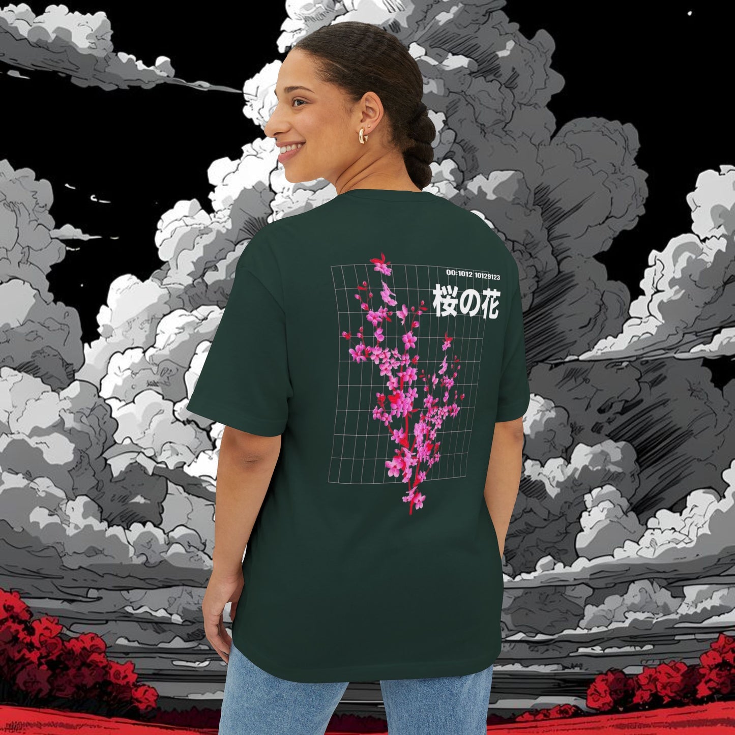 Sakura Grid Tee — Cherry Blossom Graphic Boxy T‑Shirt
