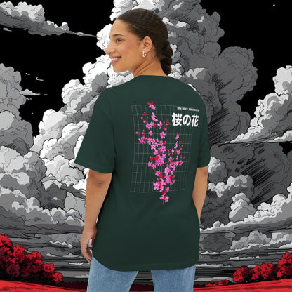 Sakura Grid Tee — Cherry Blossom Graphic Boxy T‑Shirt