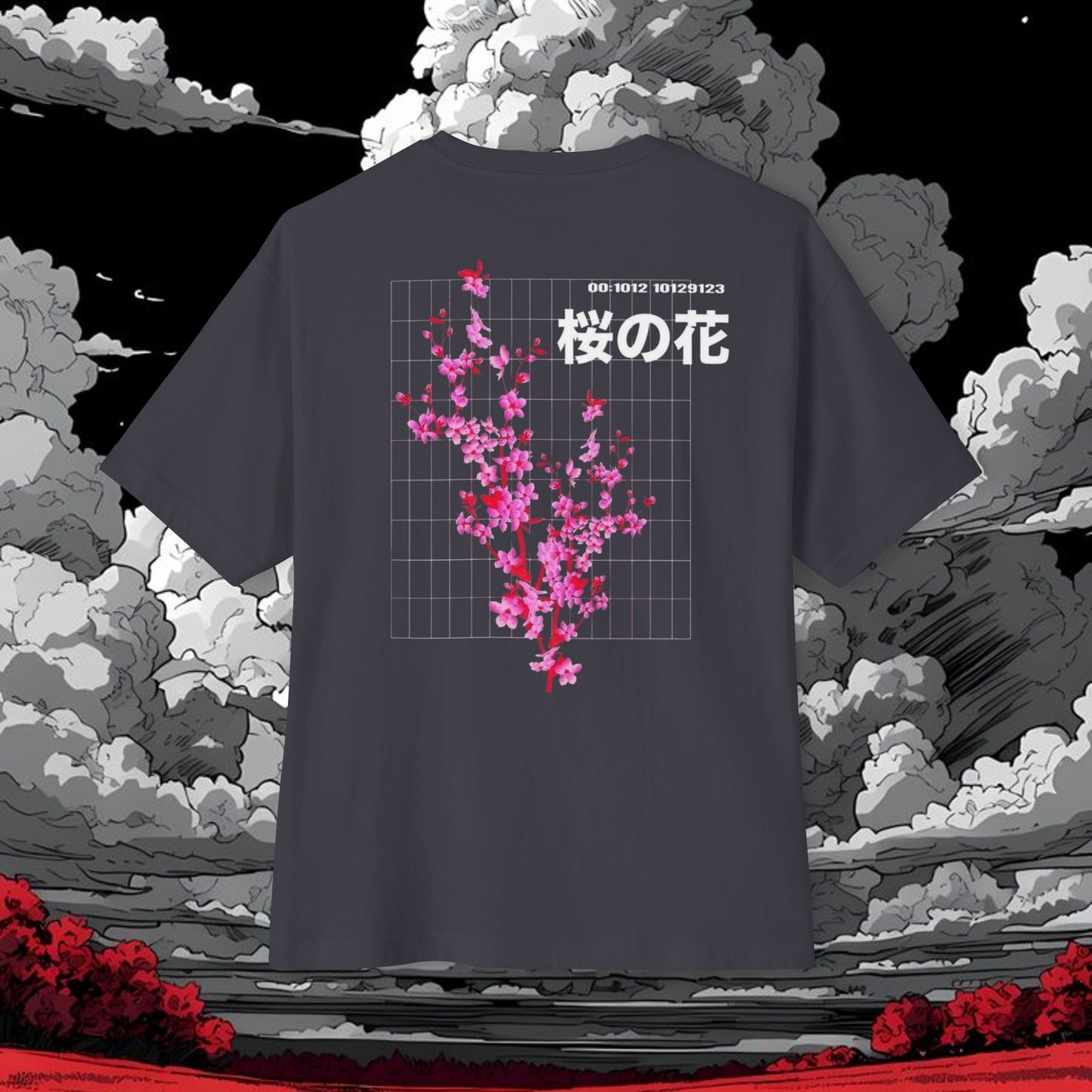 Sakura Grid Tee — Cherry Blossom Graphic Boxy T‑Shirt