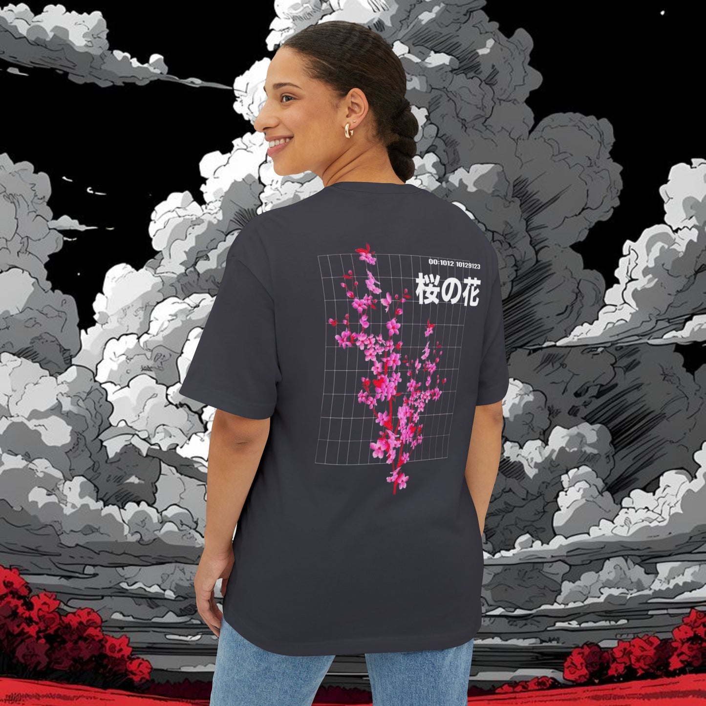 Sakura Grid Tee — Cherry Blossom Graphic Boxy T‑Shirt