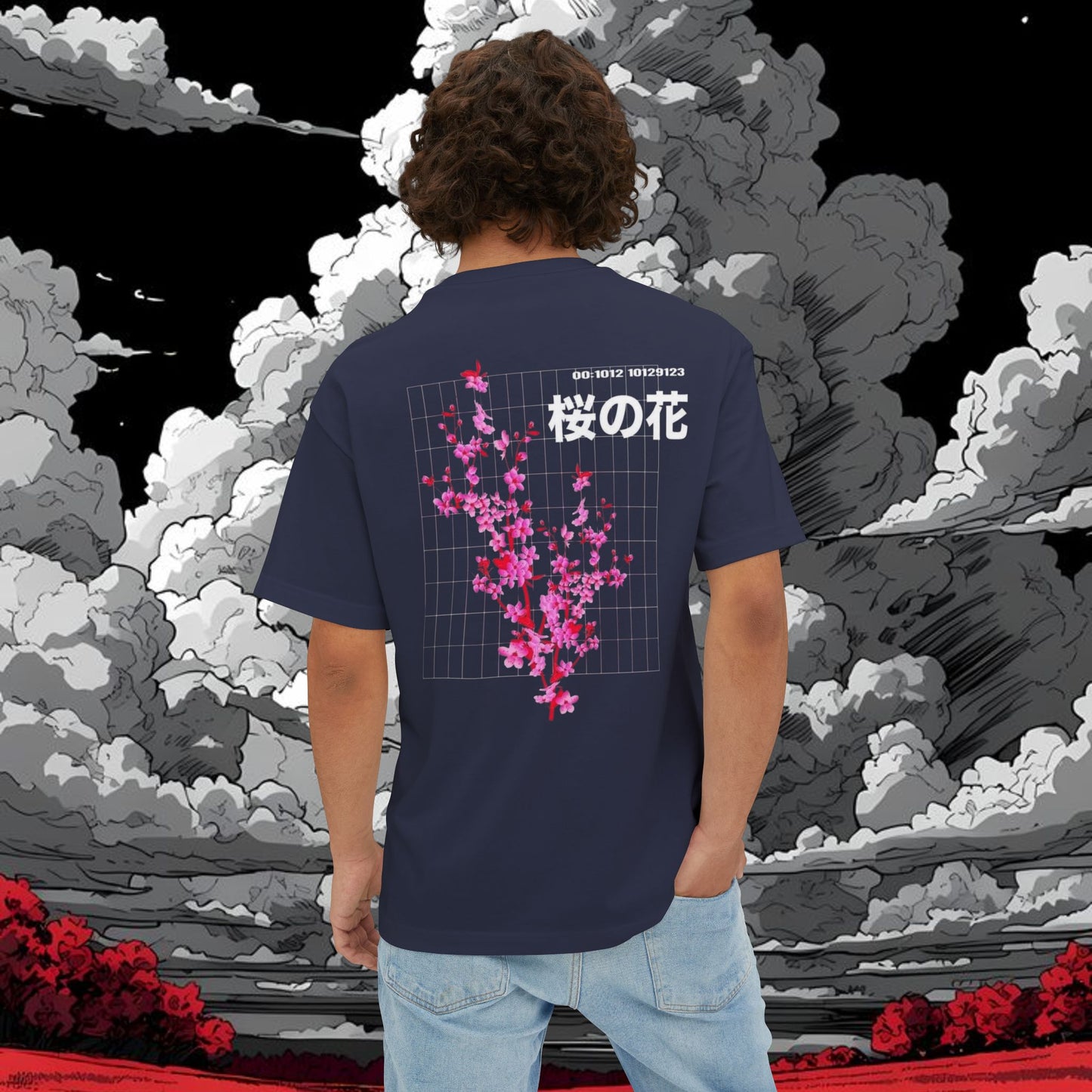 Sakura Grid Tee — Cherry Blossom Graphic Boxy T‑Shirt