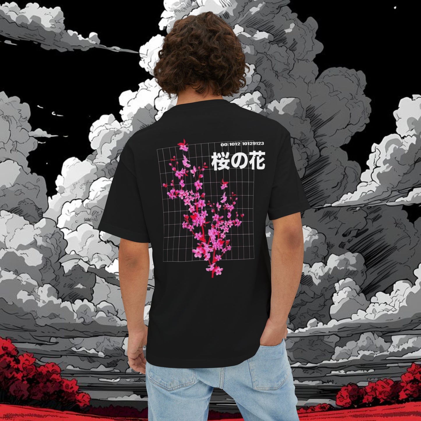 Sakura Grid Tee — Cherry Blossom Graphic Boxy T‑Shirt