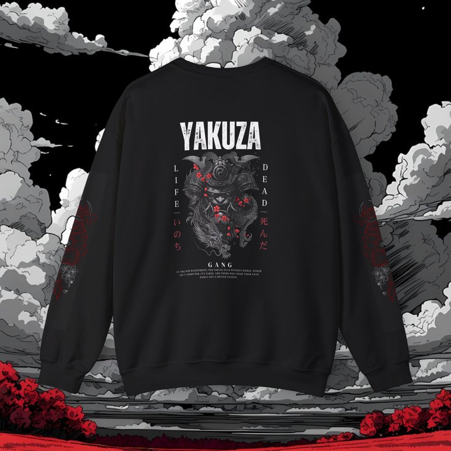 Yakuza Graphic Sweatshirt — Japanese Oni Mask Crewneck with Cherry Blossom Accents