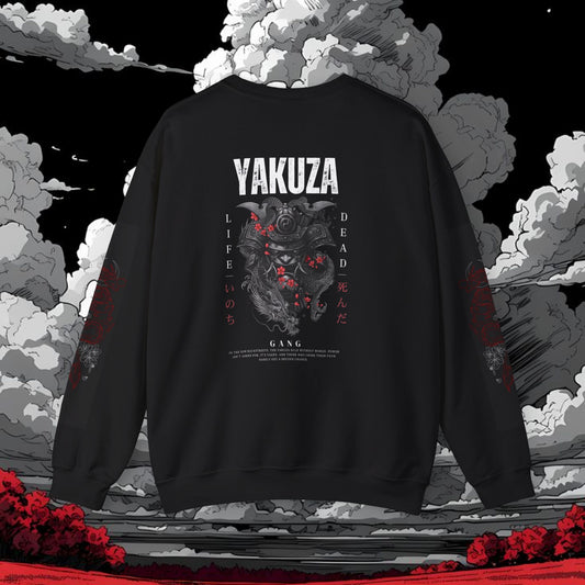 Yakuza Graphic Sweatshirt — Japanese Oni Mask Crewneck with Cherry Blossom Accents