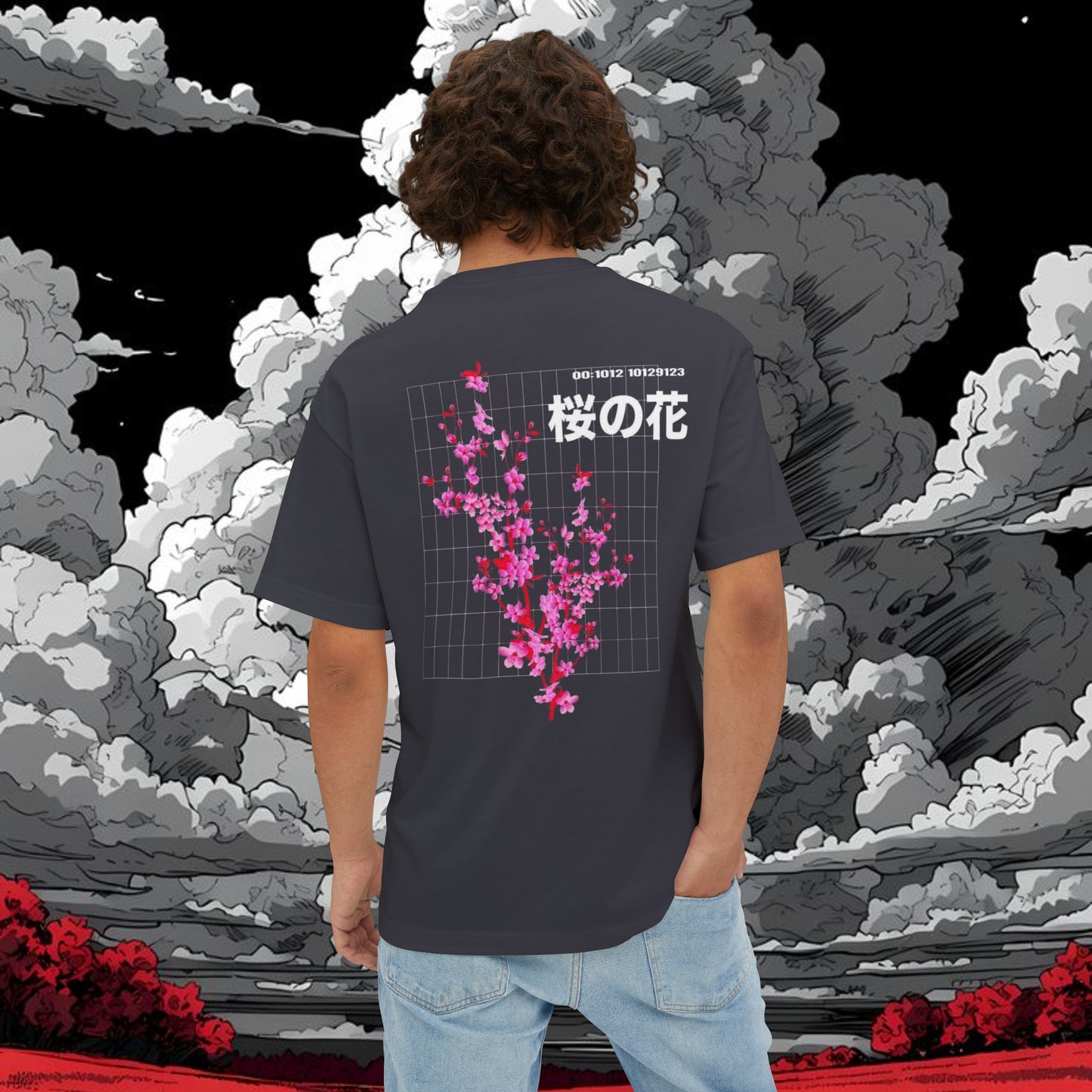 Sakura Grid Tee — Cherry Blossom Graphic Boxy T‑Shirt