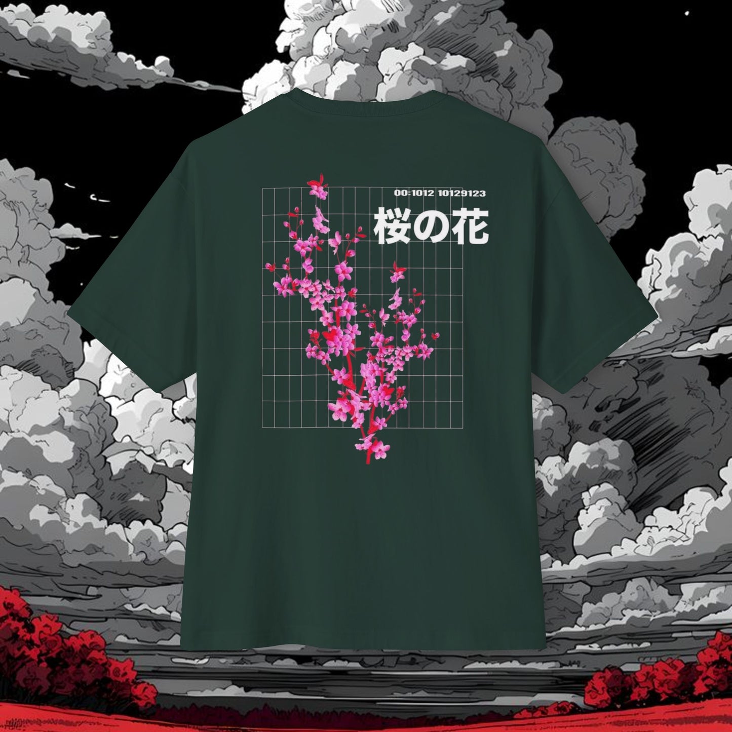 Sakura Grid Tee — Cherry Blossom Graphic Boxy T‑Shirt