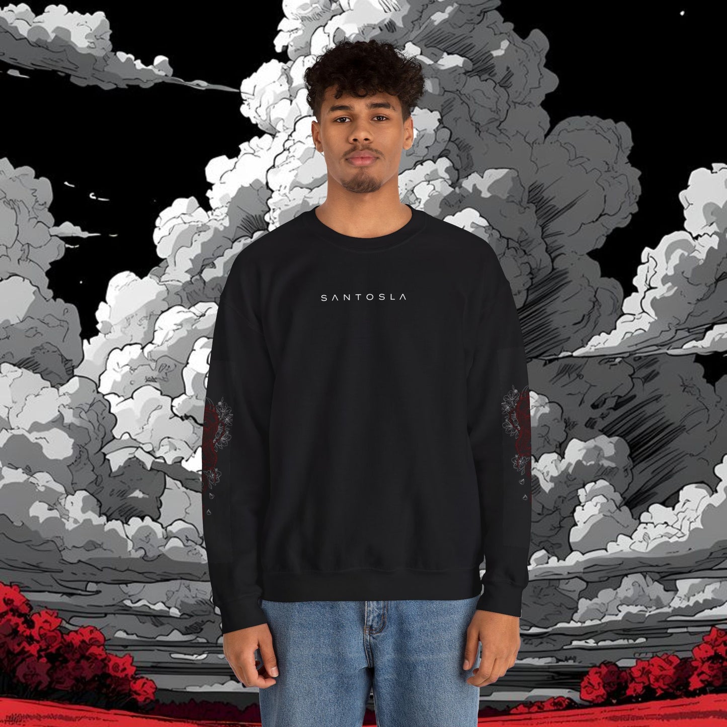 Yakuza Graphic Sweatshirt — Japanese Oni Mask Crewneck with Cherry Blossom Accents