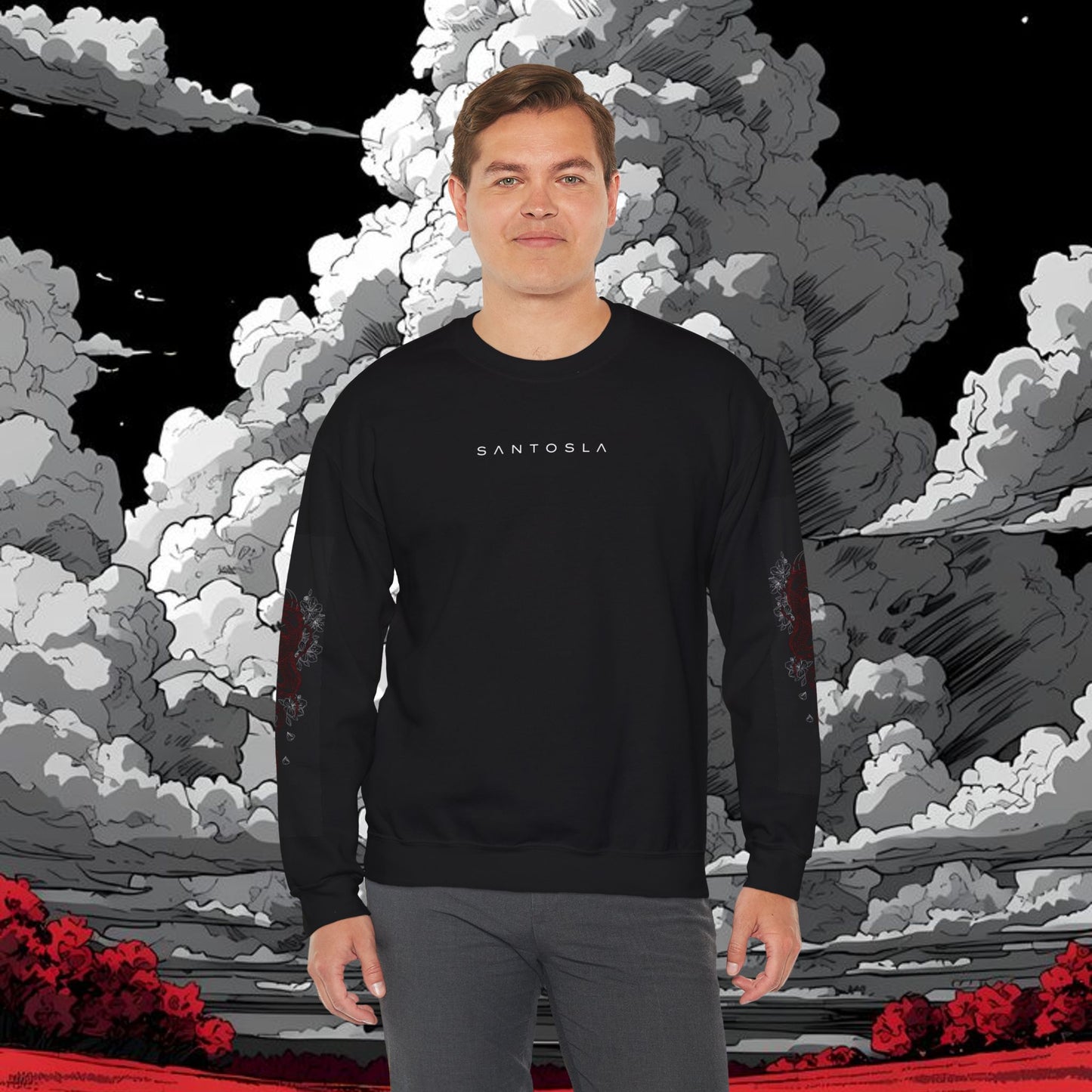 Yakuza Graphic Sweatshirt — Japanese Oni Mask Crewneck with Cherry Blossom Accents