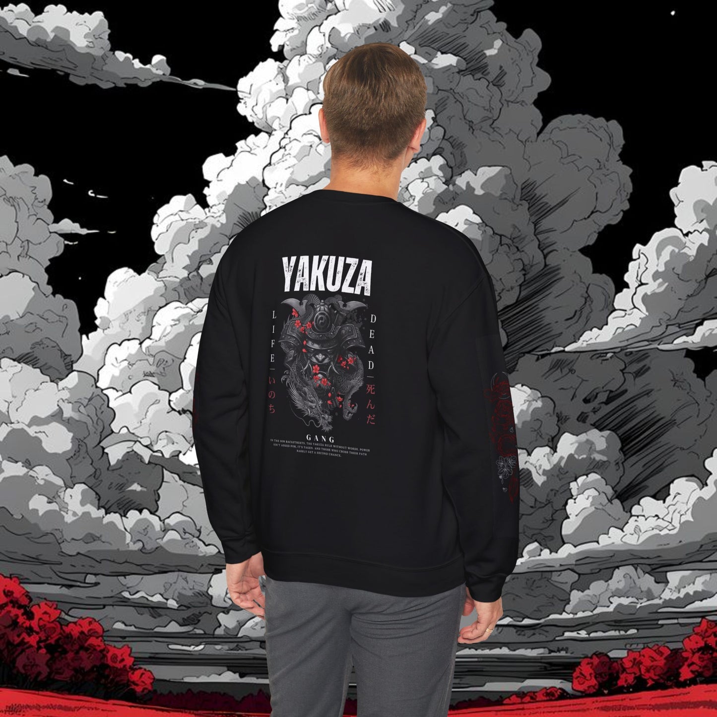 Yakuza Graphic Sweatshirt — Japanese Oni Mask Crewneck with Cherry Blossom Accents