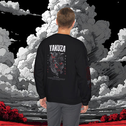 Yakuza Graphic Sweatshirt — Japanese Oni Mask Crewneck with Cherry Blossom Accents