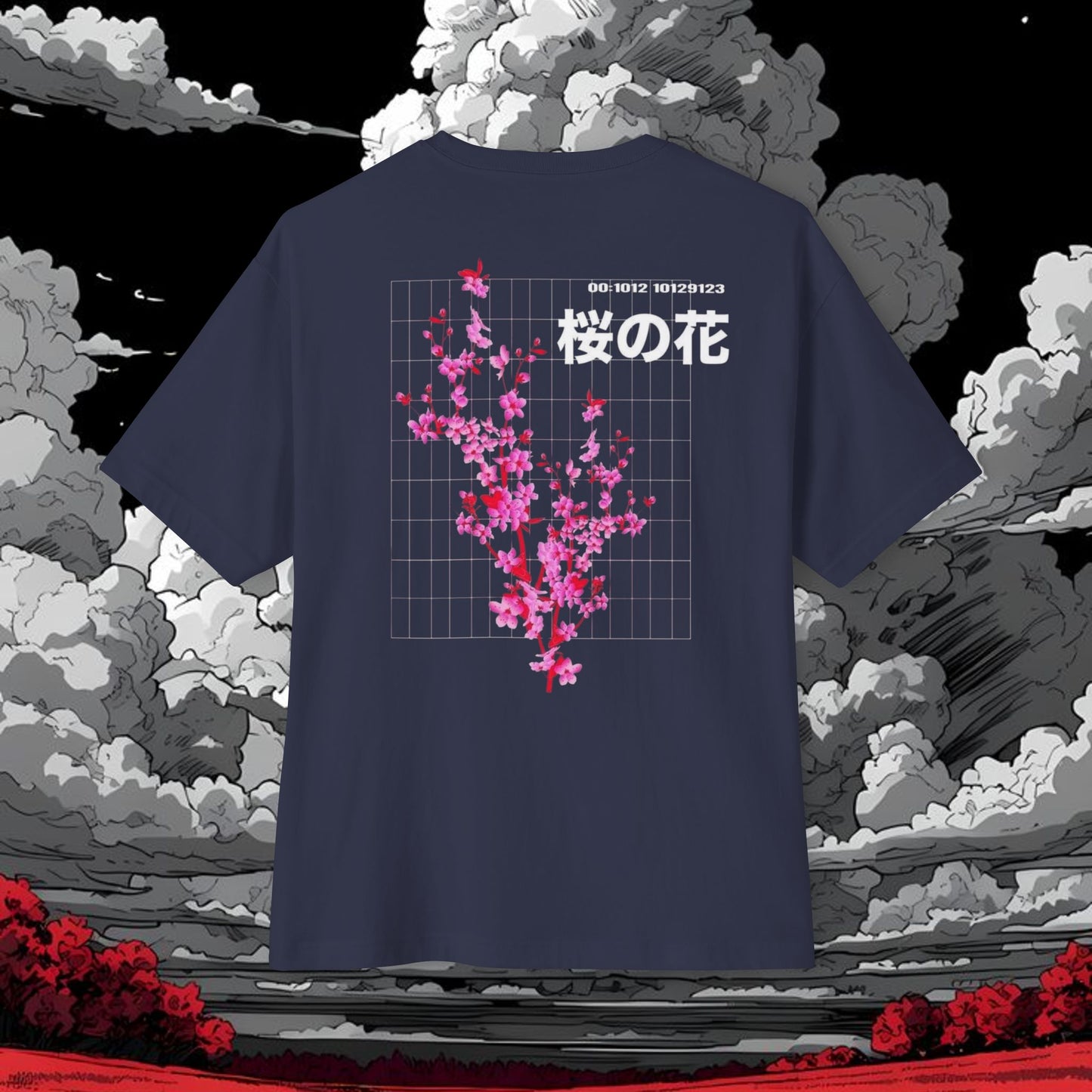 Sakura Grid Tee — Cherry Blossom Graphic Boxy T‑Shirt