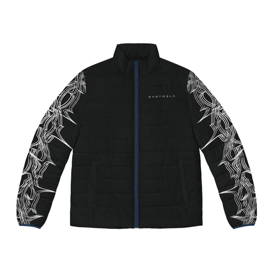 Men's Black Puffer Jacket with Tribal Sleeve Art — Insulated Winter Coat