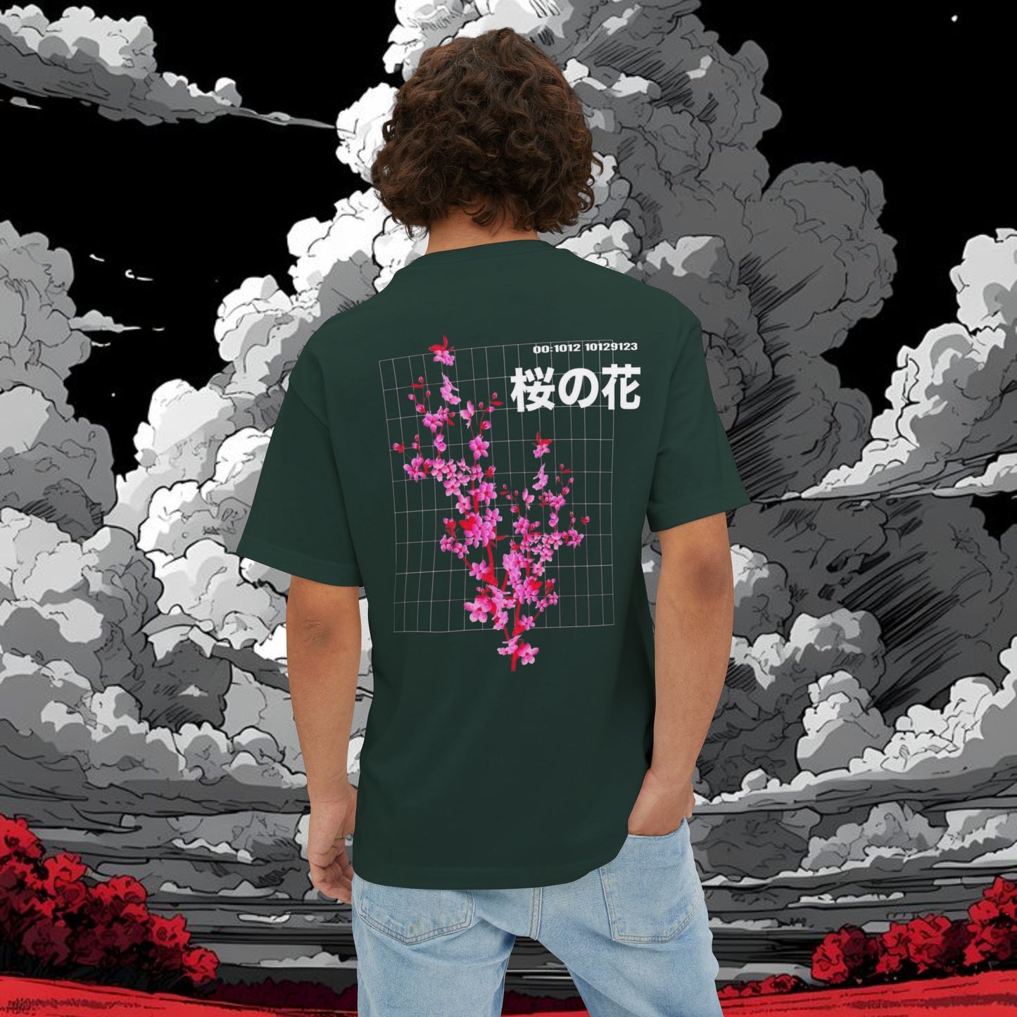 Sakura Grid Tee — Cherry Blossom Graphic Boxy T‑Shirt