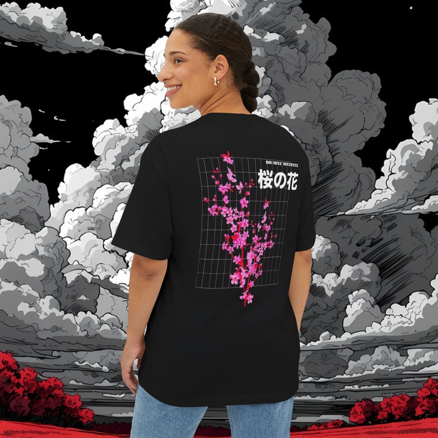 Sakura Grid Tee — Cherry Blossom Graphic Boxy T‑Shirt